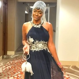 SALE! Betsy & Adam Blue Chiffon Embroidered Halter Dress Sz 7/8